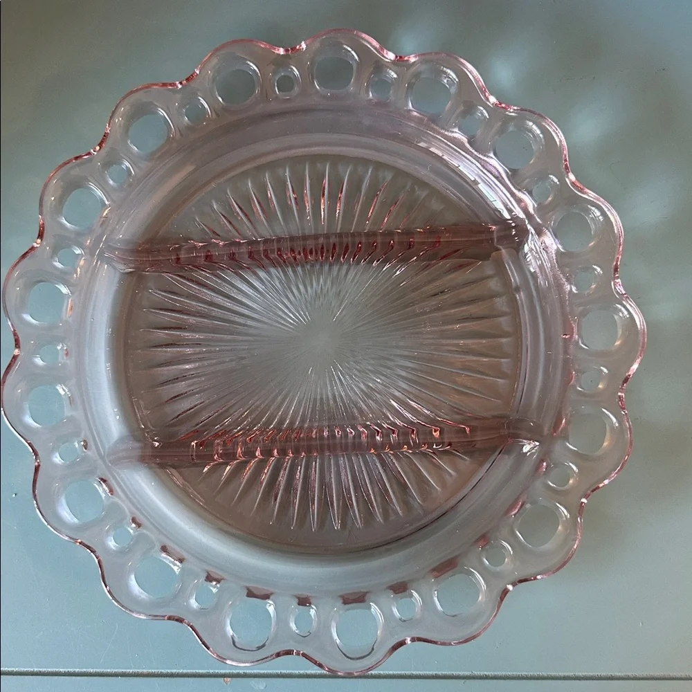 3 OLD COLONY Anchor  Depression Glass Platter Serving Plates Divided Lace edge